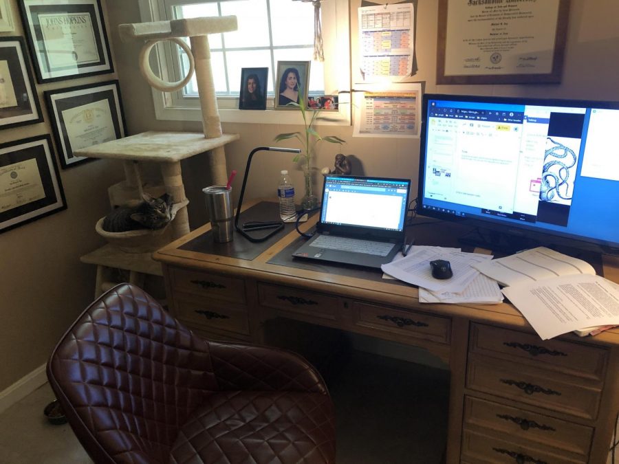 History teacher Mitchell Joy shares a picture of his desk where he does most of his work during this pandemic. This new experience is great for him in terms of spending time with family, but it makes it slightly unpleasant for him to teach because he can’t see and interact with students in person. 