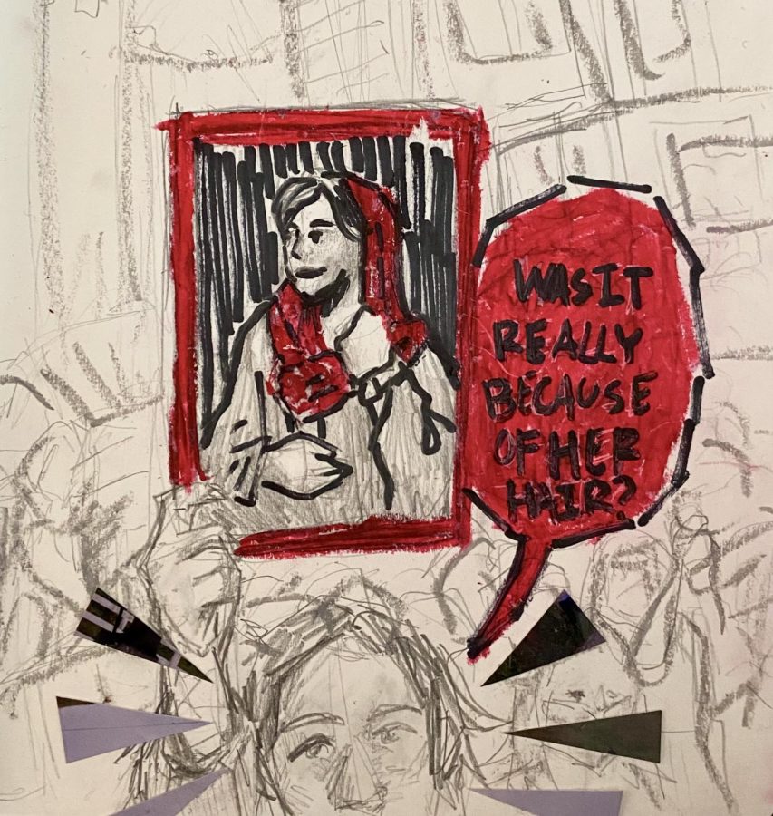 Freshman Nikki Mosaddegh creates protest art to express her concerns about the oppression of women in Iran. The piece depicts a protest, in which a person is holding up a sign of Mahsa Amini, asking, "Was it really because of her hair?" implying that Amini was killed because the Islamic Regime wants power and control over women.