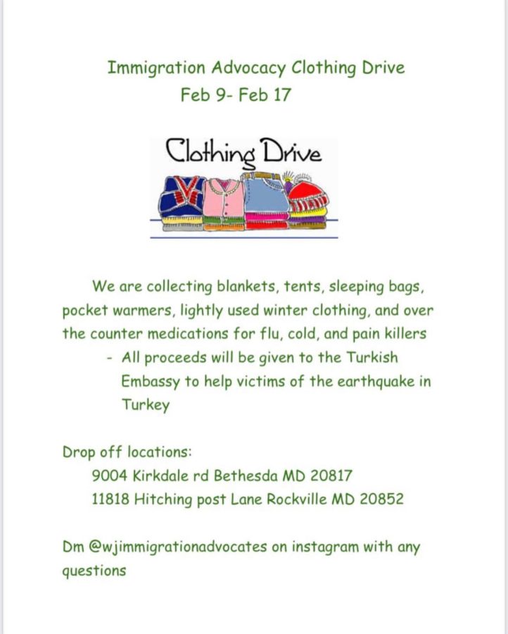 A flyer posted to @wjimmigrationadvocacy on Instagram. Immigration Advocacy Club is hosting a drive between Feb. 9 and Feb. 17 to collect donations to send to the Turkish Embassy. The Embassy will send them to Turkey in order to provide aid for those affected by the recent Kahramanmaras earthquake.