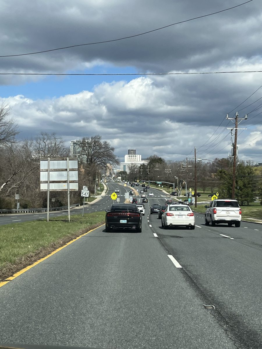 Cars drive towards Rockville and Gaithersburg on the Rockville Pike.