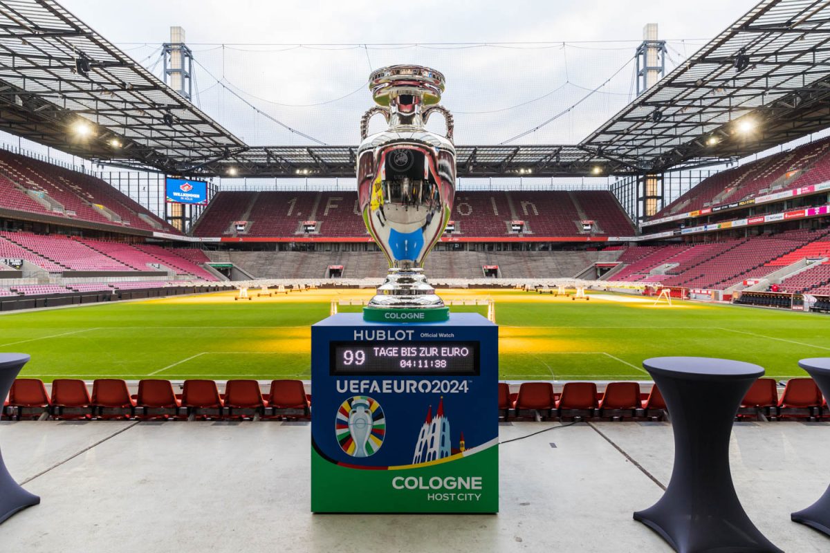 The 2024 EURO trophy in FC Koln’s stadium in Cologne, one of the 10 host stadiums at the tournament. (Courtesy Raimond Spekking)
