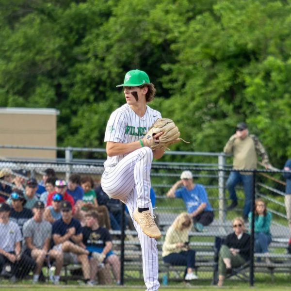 Senior Nolan Ross winds up to pitch against Churchill in the playoffs. Ross pitched the 5th inning and came in as a relief pitcher.(Courtesy Nolan Ross)