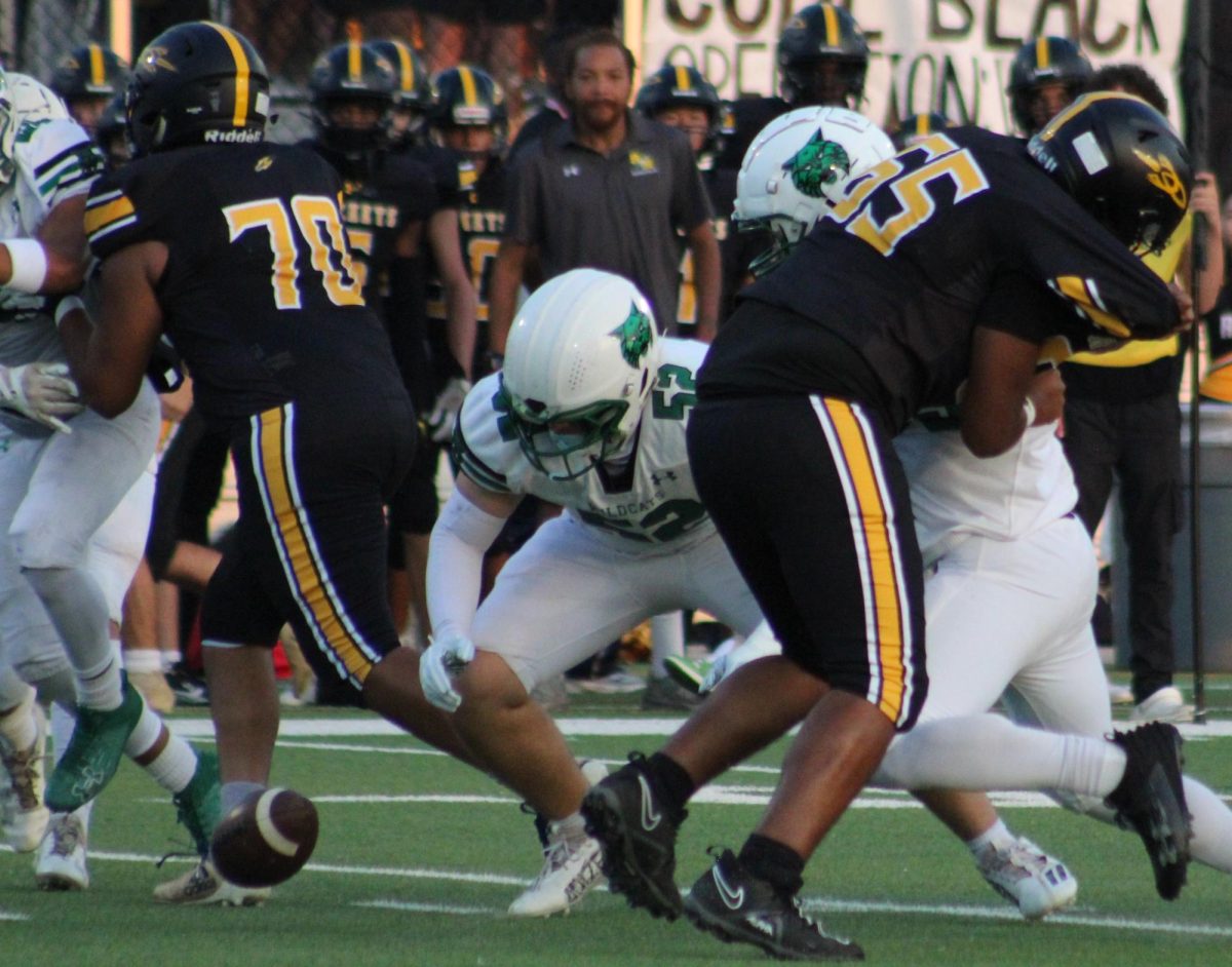 Senior Jonathon Fisher lunges at a fumble in the first quarter of a game vs. Richard Montgomery. The play ended up being a major momentum shifter as the Cats' offense went on to score from the recovery. 