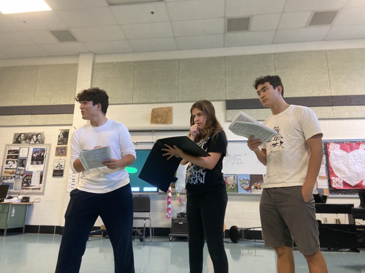 Leads Yuri Sternberg, Sasha Rotton and Mason Lee rehearse lines. Preparations for the play require a mix of running lines and blocking scenes.