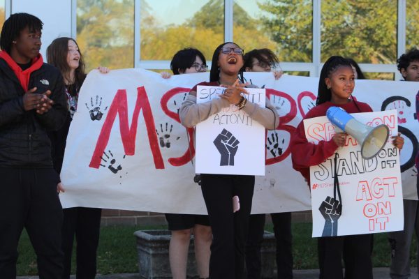 Seniors Michelle Lett and Bella Relacion lead the MSP and BSU-led demonstrators in chants, calling out MCPS for a lack of response to recent racism incidents. Other BSUs and MSPs around the county led similar rallies.