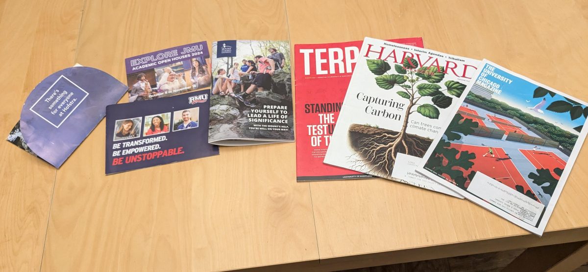 A student's collection of college pamphlets and magazines from universities across the country. Every year, students receive pamphlets from universities that are recruiting them.