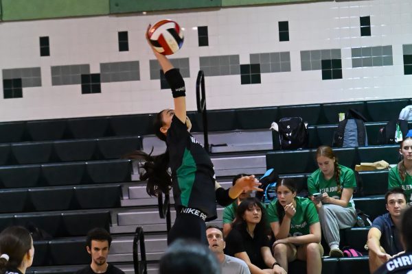 Sophomore Emilia Zhang effortlessly spikes the ball onto the opponent's side of the net. The Cats approached the MCPS County Championship with an 84.62% win percentage. (Courtesy 
Tyler Shores viaLifetouch)