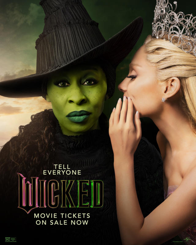 Ariana Grande as Ghilda whispering in Cynthia Erivo as Elphaba's ear. A fan edit of this poster caused controversy with Cynthia Erivo. (Courtesy Universal Pictures)