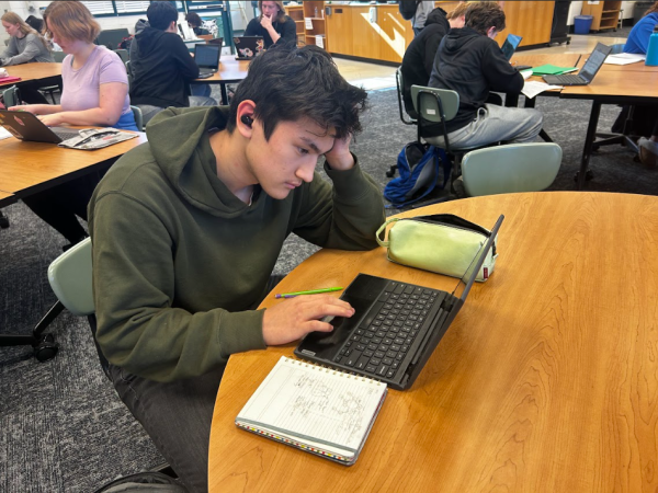 Junior Bruno Lilje studies for the impending Calculus test. The library is filled with students catching up on homework during lunch hours, and seats are constantly occupied.