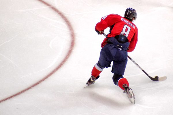 Forward Alexander Ovechkin receives the puck on his stick as he prepares to hit a one-timer from his "office" (Nickname for a spot on the ice where Ovechkin scores a majority of his goals) The Great Eight has continued to find success, even in his 20th year in the league.