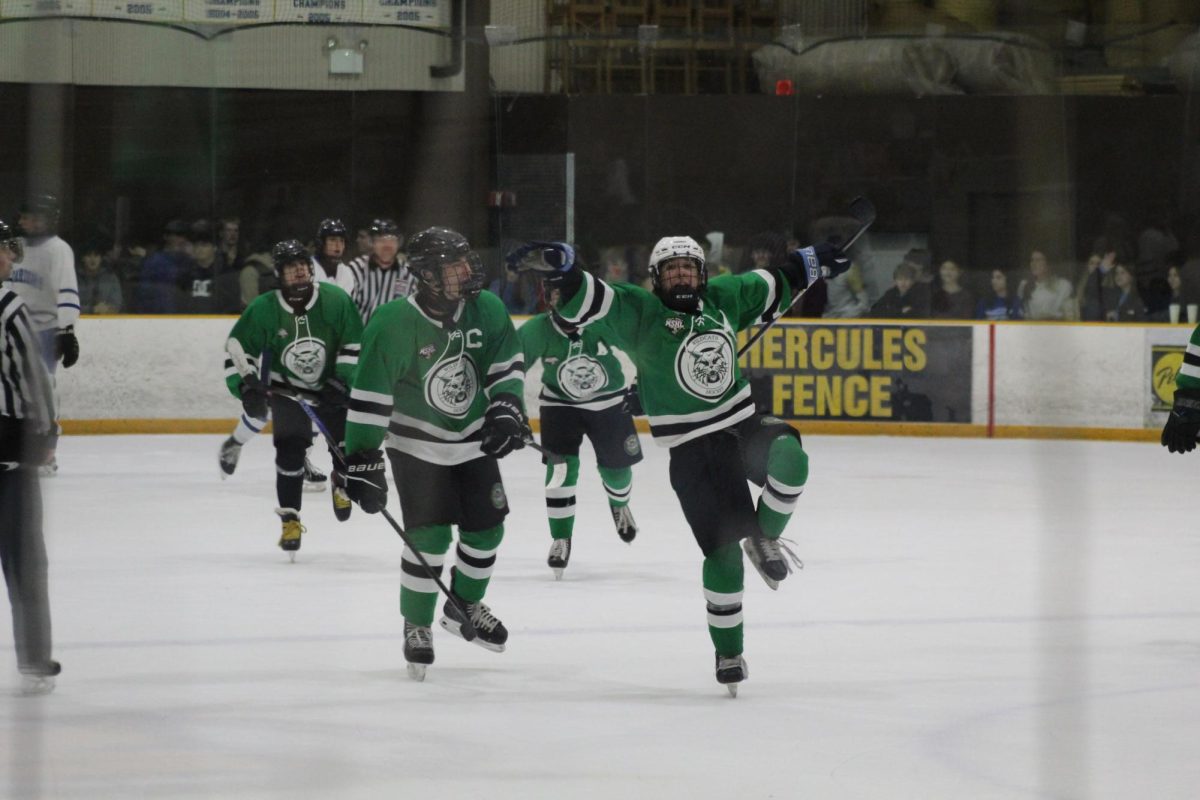 Senior alternate captain Max Epstein celebrates his third goal to clinch the hat trick. Epstein scored the final goal of the game to secure an 8-6 win over Sherwood High School on Friday, Jan. 3.