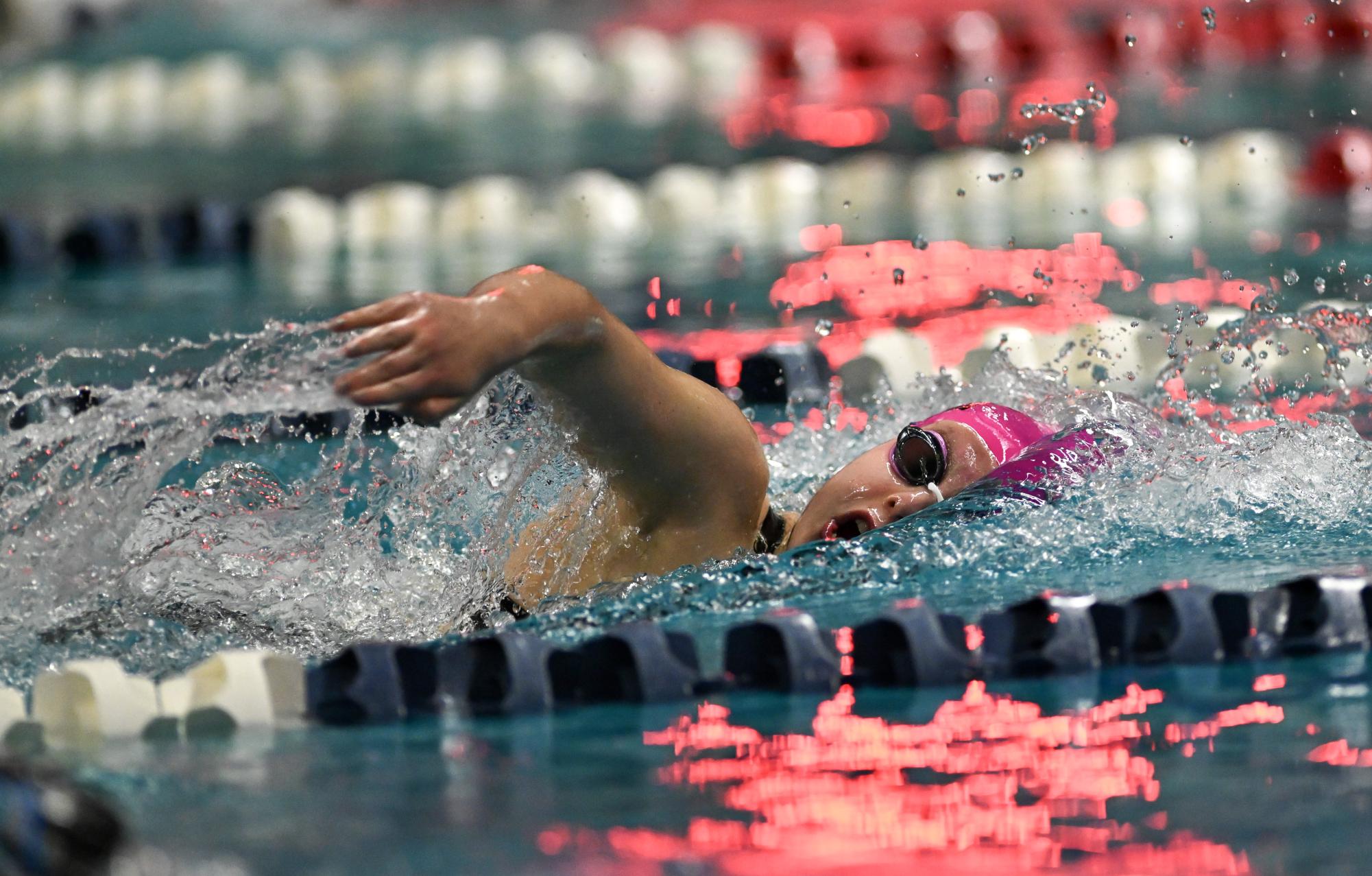 Sophomore Elanor Saybolt swims freestyle in the Metros Championship. Saybolt was one of three swimmers who placed individually on the podium to help the girls' team win Metros with a final score of 346 points. (Courtesy Marcus Chen)