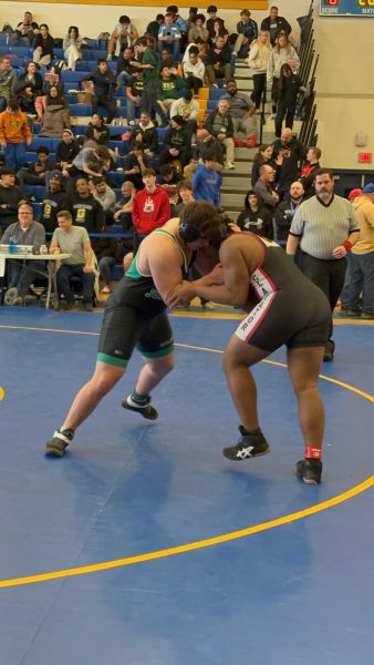 Junior Daniel Gershon pushes his opponent to the edge of the circle on the mat. The circle of the mat represents the center of the competition area, often used by the referee to determine if a wrestler is in control or out of bounds during the match.