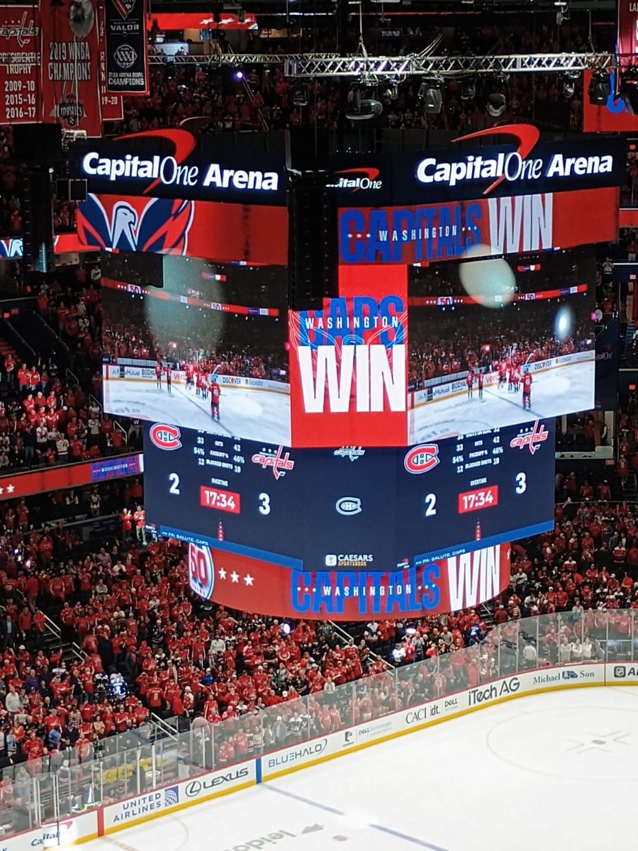 The Capitals come onto the ice to celebrate their game 1 victory, 3-2 in overtime. The game-winning goal came 2:26 into the extra session from Alex Ovechkin on the team's 43rd shot.