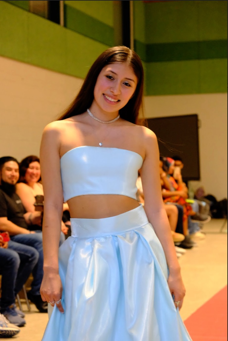 Fashion club president and founder, senior Marissa Campos models her designed garments. "We were just getting it all together, trying to get that real vibe of a fashion show, kind of like a school version of the Met Gala," Campos said. (Courtesy Nila Amin)