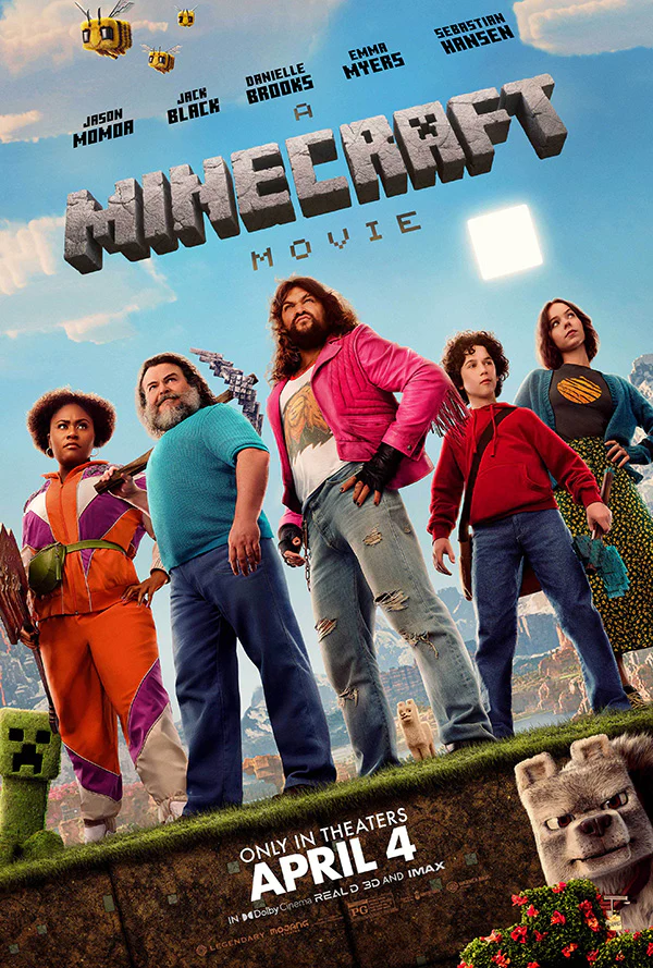 Characters Dawn, Steve, Garret, Natalie, Sebastian and Henry pose for a Minecraft movie trailer poster. The movie was released on April 4, 2025 to an enthusiastic audience. 