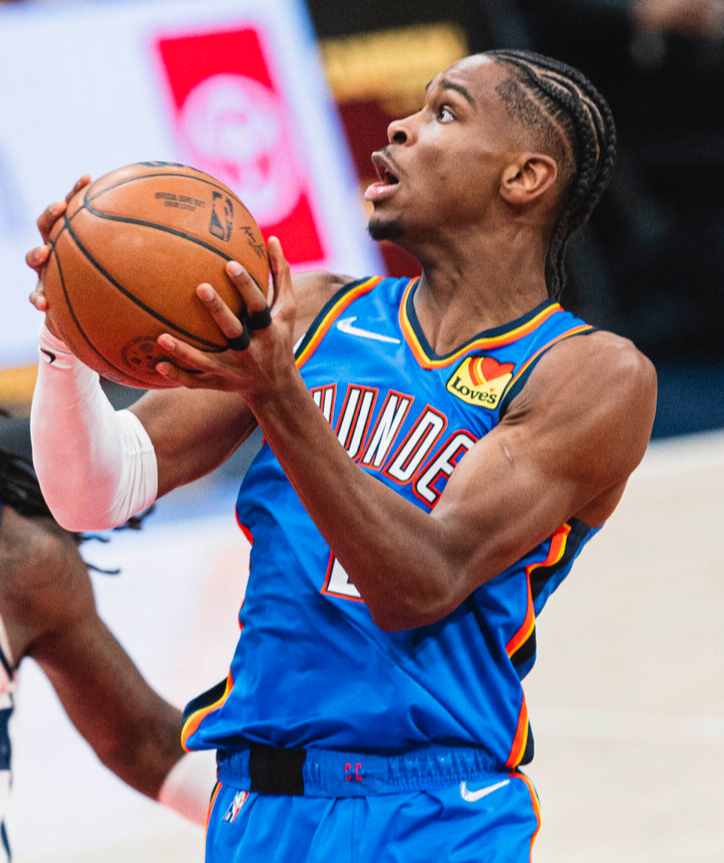 Point/shooting guard Shai Gilegous-Alexander looking to score a point for Thunder. Throughout his season, he has scored an average of 32.7