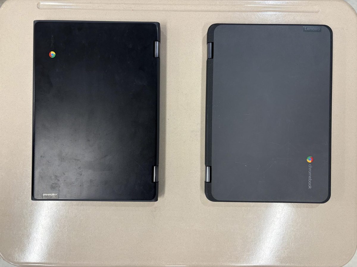 Two Chromebooks, the newer gen 3 (below) and the older gen 2, (above) sit on a desk. While most students still use the older Chromebooks, WJ no longer has any replacement old Chromebooks, only new Chromebooks