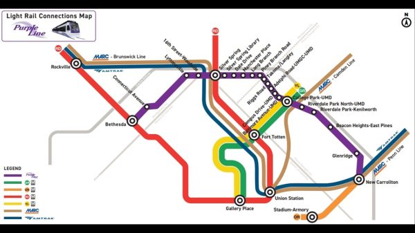The map of the soon-to-be purple line. The line will connect downtown Bethesda with New Carrollton Station, with stops at College Park and Silver Spring.