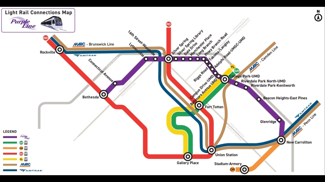 The map of the soon-to-be purple line. The line will connect downtown Bethesda with New Carrollton Station, with stops at College Park and Silver Spring.