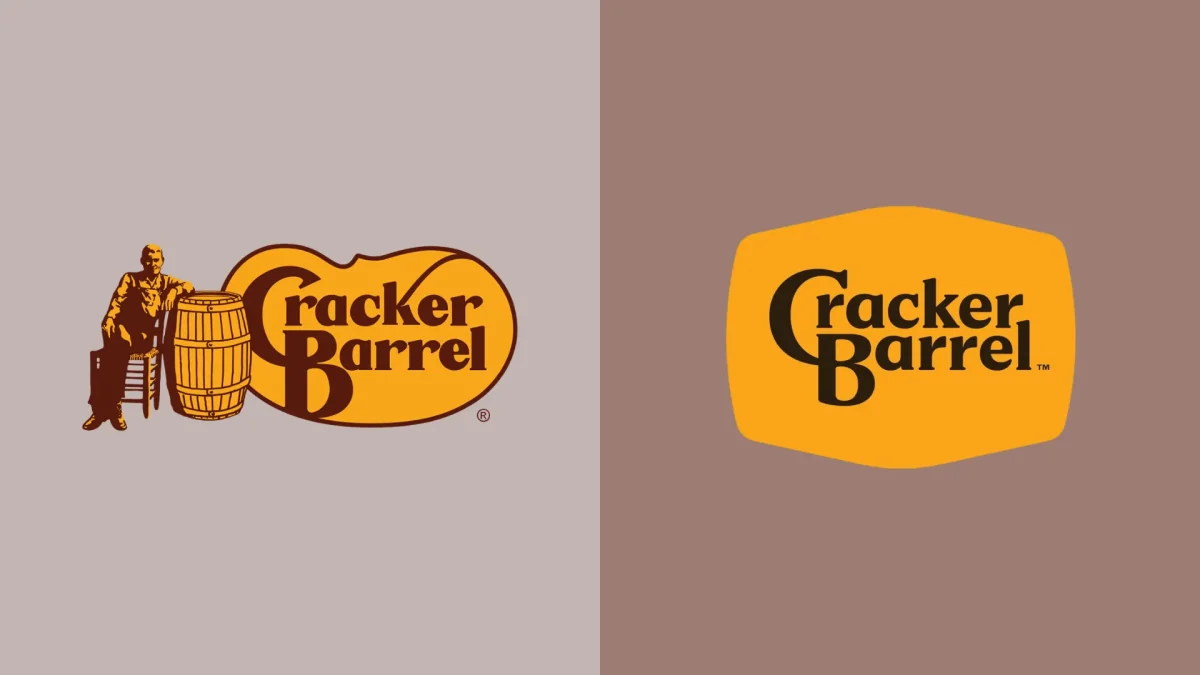 Cracker Barrel's logos have both stirred up controversy. The original logo (left) features icon Uncle Herschel, while the proposed logo (right) has a more minimalist design. (Performance Digital)