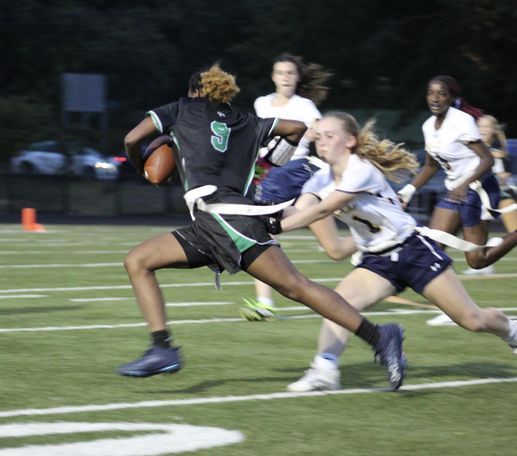 Junior Gabby Buggs swiftly dodging the Barons defense with ease, leading the team to get a first down. Buggs was making solid runs the whole night, giving WJ more possession with the ball.