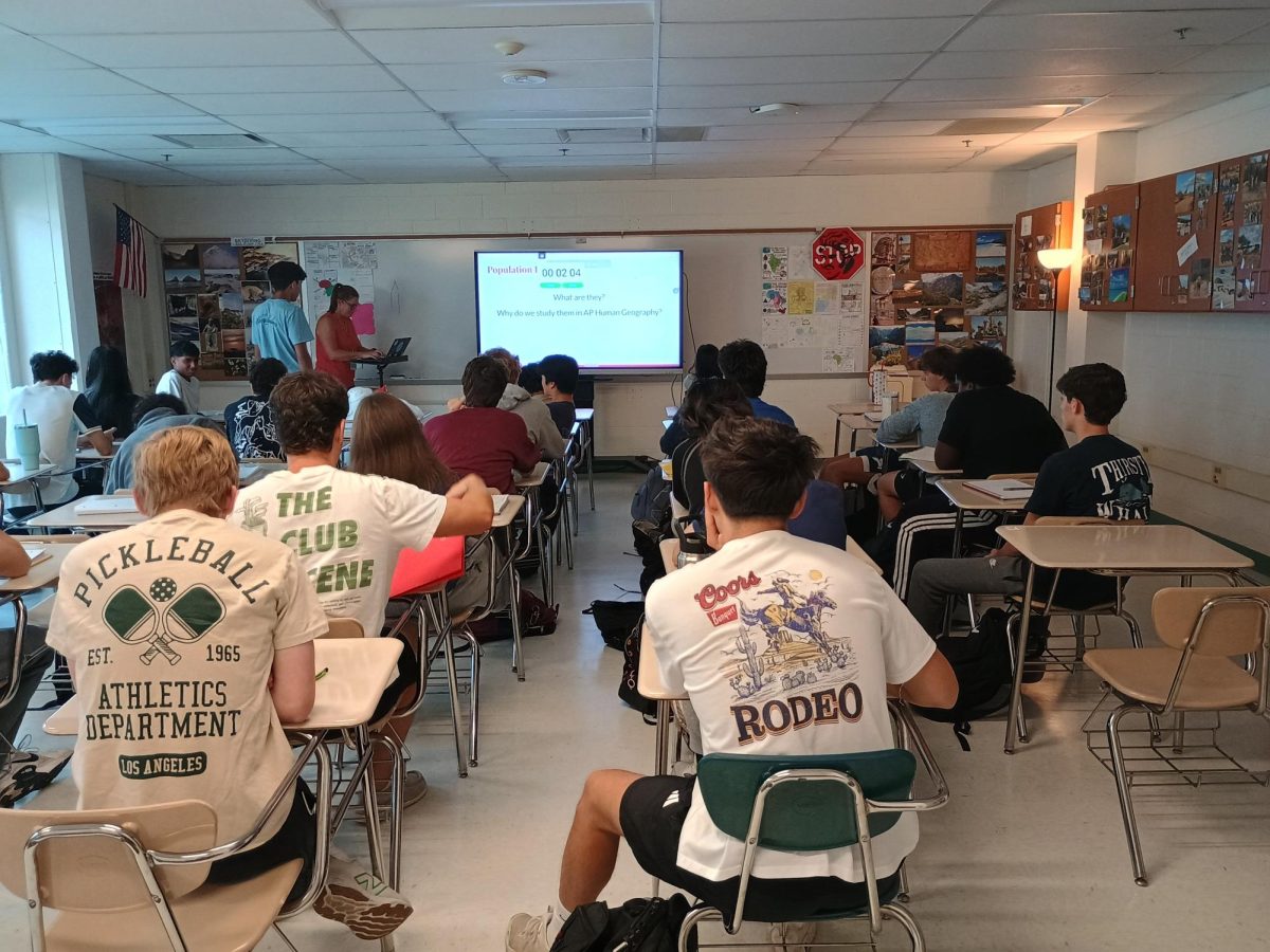 Students in Elizabeth Muehl's AP Human Geography begin their 3-minute break after learning about the Demographic Transition Model (DTM). The exam is set for May 5, 2026.