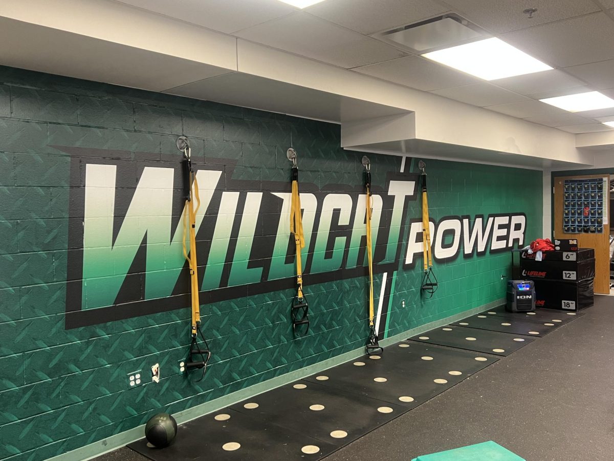 During the weight room's off-hours, the new redesign's green radiates the room, and the phrase "WILDCAT POWER", which many WJ lifters claim motivates them, is in clear view. 