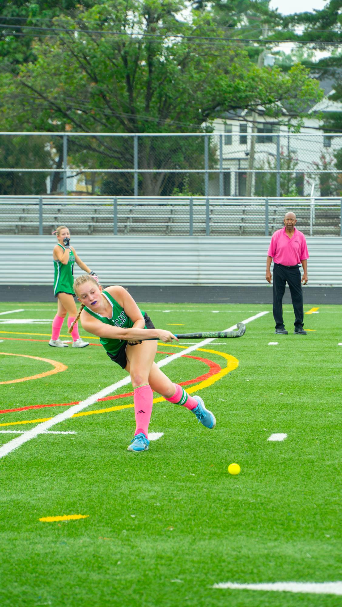 Senior captain Abby Bruskin attempts to clear the zone and set up the Wildcat's offense against B-CC. Bruskin picked up an assist on the only WJ goal of the game, as the Wildcats fell to the Barons 2-1 in 2OT while falling to a 1-6 record.