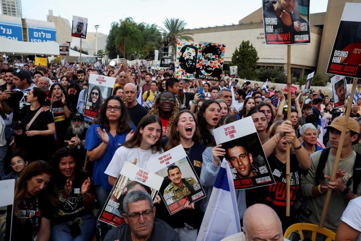 Israelis gather in Hostage Square awaiting the return of the living hostages taken to Gaza on Oct. 7, 2023. Hostage Square, located in Tel Aviv, has been a central spot throughout the two-year war where Israelis have gathered to protest the government and demand the return of the hostages. (Courtesy Reuters)