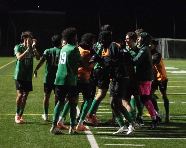 Players celebrate after senior Lucas Brenowitz's game winning overtime goal. The goal gave them the win against the number one-ranked Northwest Jaguars. (courtesy Roy Rozin)