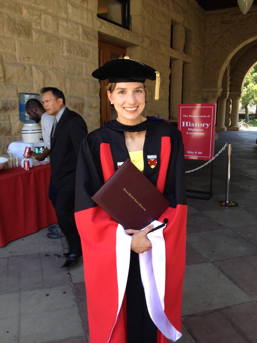 Social studies teacher Katharina Matro celebrates after graduating from the department of history at Stanford University. Matro thought she would go into teaching at the university level before becoming a teacher at WJ. (Courtesy Katharina Matro)
