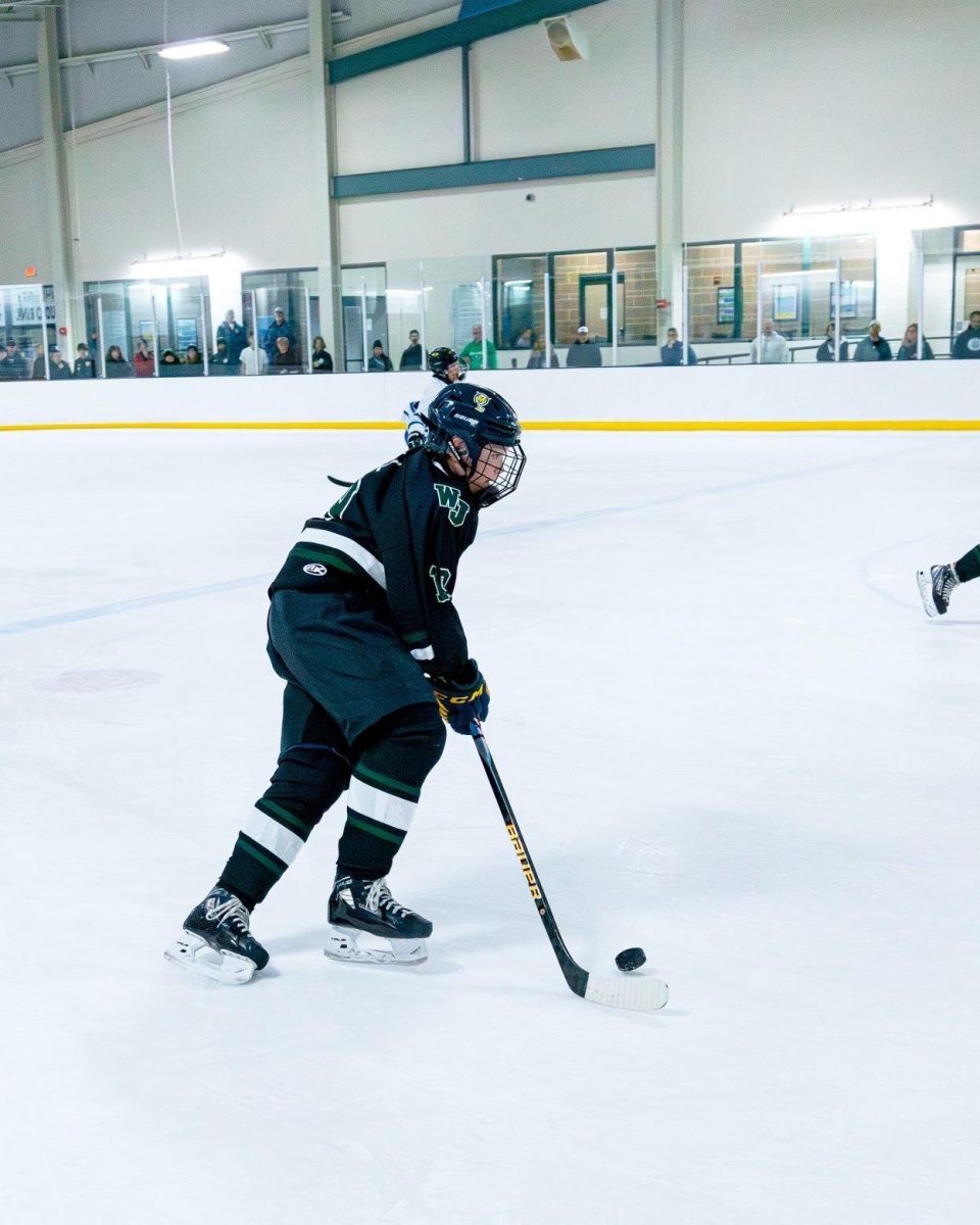 Sophomore Anderson Hull brings the puck through the neutral zone, looking to find a gap in the Sherwood defense. The Cats have struggled offensively, but look to change that as the postseason is just around the corner. (Photo Courtsey Matthew Corwin) 