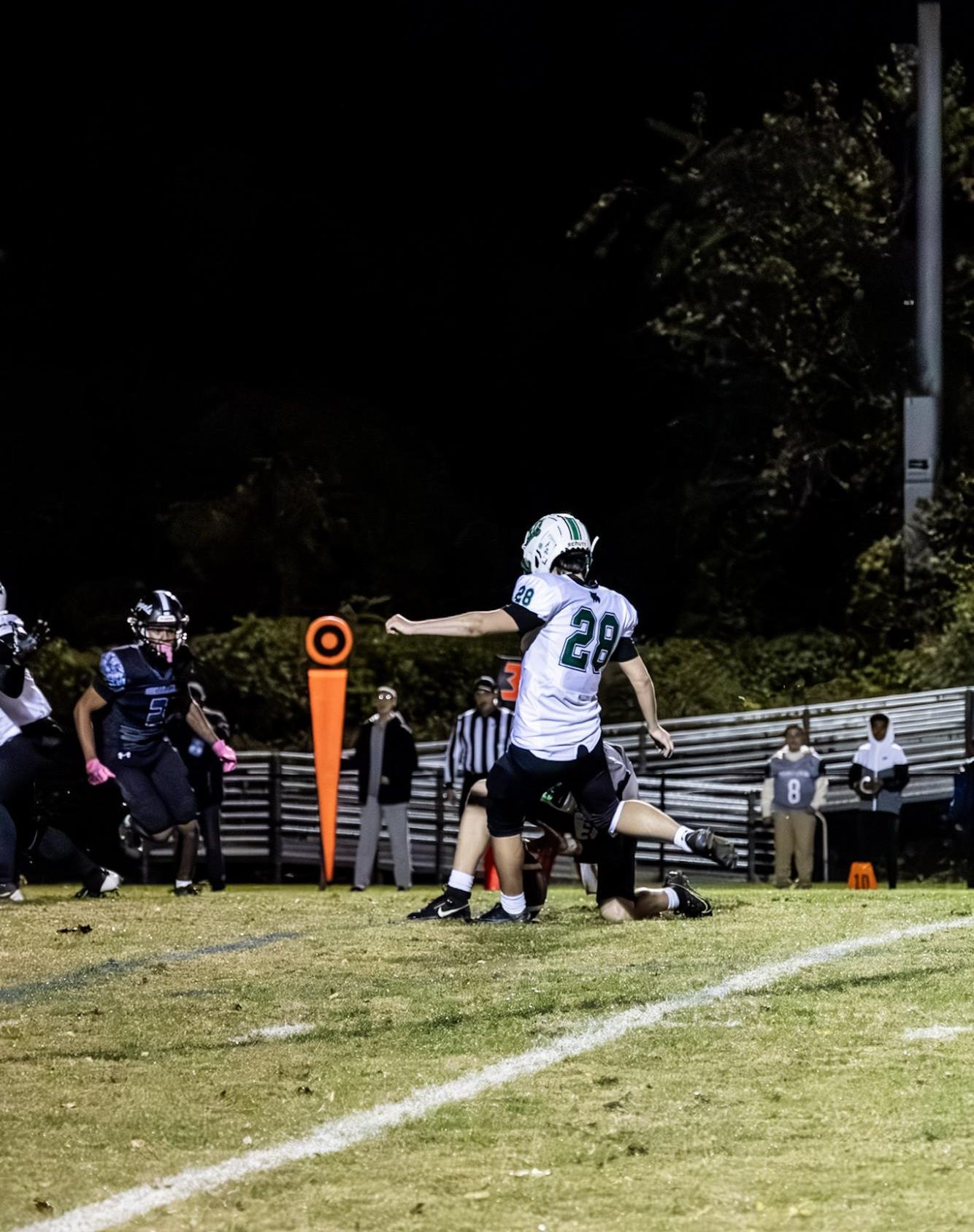 Senior Max Fischer strides through his in-swing, drilling the game-winning field goal to send the Wildcats home with a win against Blake under their belt. (Courtesy  Isaac Leventhal)
