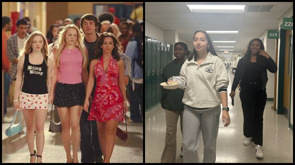 Juniors Eva Szechenyi, Addison Huggins and sophomore Serenity Bokini walk the halls during lunch. While movies might portray lunchtime as a social battlefield, most WJ students agree that it is simply a time to unwind and hang out with friends.