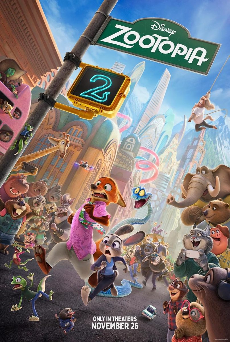 Judy Hopps and Nick Wilde run in Zootopia surrounded by the characters of the movie. The movie came out on Nov. 26 just nine years since the original. (Courtesy IMDB)