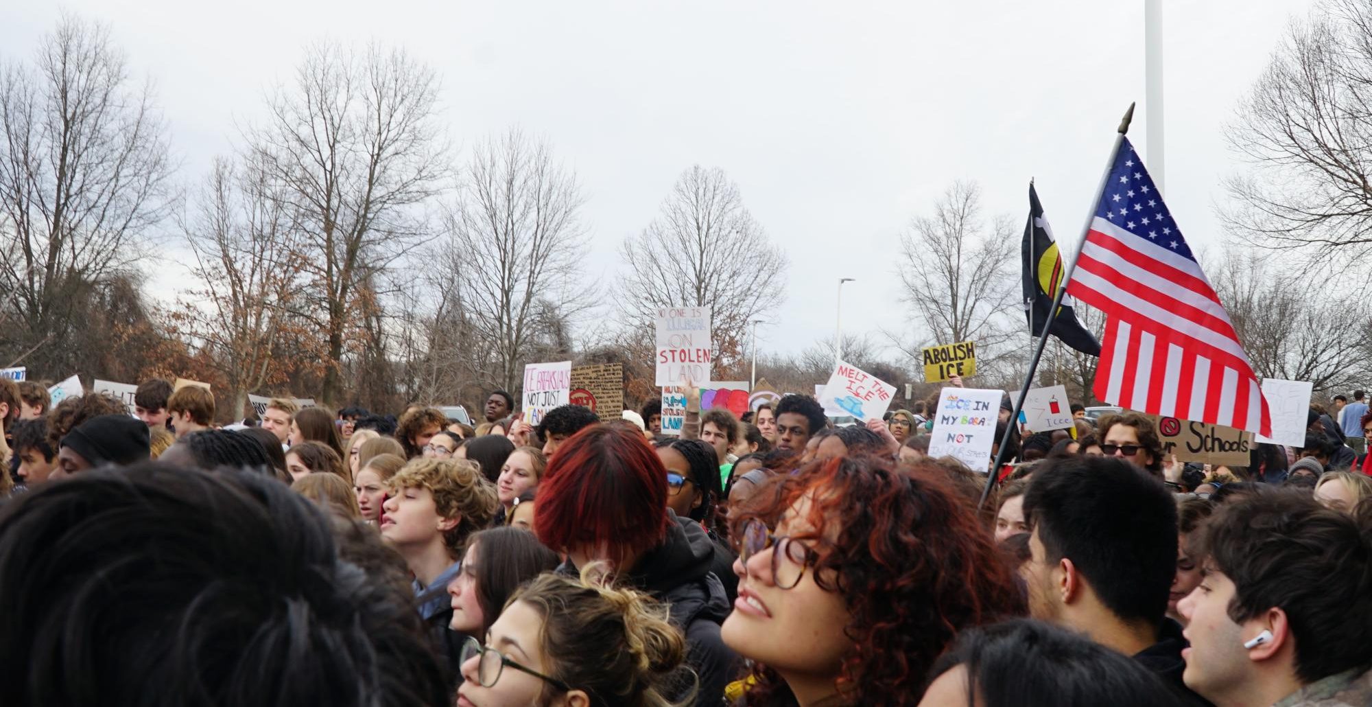 Hundreds of WJ students gather in the bus loop during the anti-ICE walkout. The walkout was held to show solidarity with people affect by immigration policies and ICE raids.
