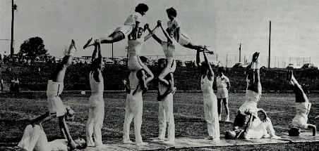WJ Gymkana Troupe creating a human pyramid at one of their practices in 1962. The Troupe contained boys and girls who competed in local gymnastics events. (courtesy Charles Brown)