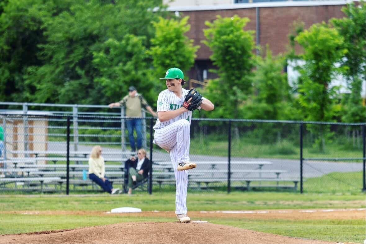 Senior Spencer Gilcrest winds up to throw a pitch. Gilcrest led the MOCO 4A-West division with nine strikeouts in the 25-26 season. (courtesy Spencer Robinson)