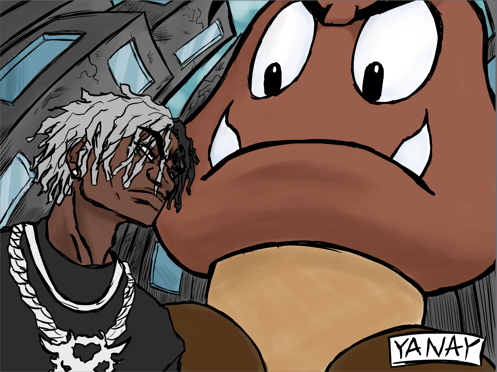 Ken Carson next to a Goomba in a city with tall buildings. The inspiration was Carson being compared to a goomba for his  facial appearance. (Courtesy Yanay Levy)