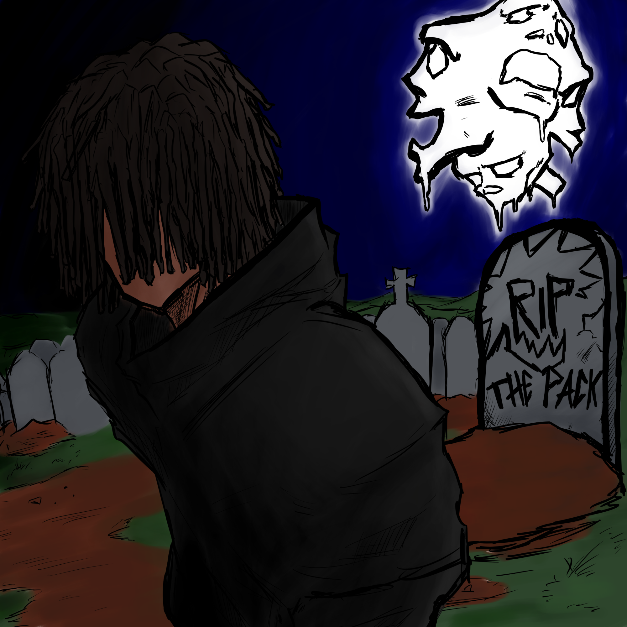 The album cover for "till the death of me" by ripthepack. Levy was paid $45 to bring the musicians idea to life. The cover is up on all streaming services and features the artist in a graveyard with a moon made from faces. (Courtesy Yanay Levy)