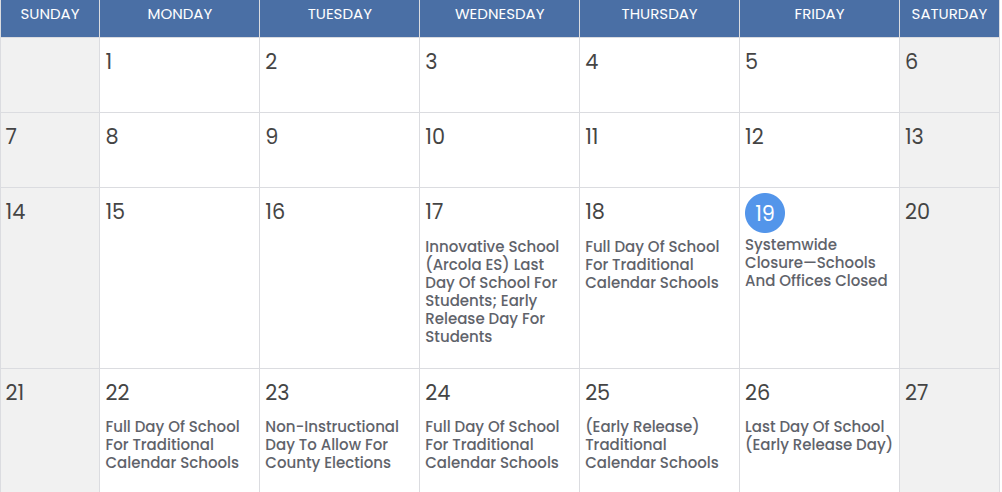 MCPS has pushed back the last day of instruction to June 26 in order to satisfy the threshold of 180 days of school. Many of these added days are early release days, but are still counted as full days towards the 180 day requirement. (Courtesy Montgomery County Public Schools)