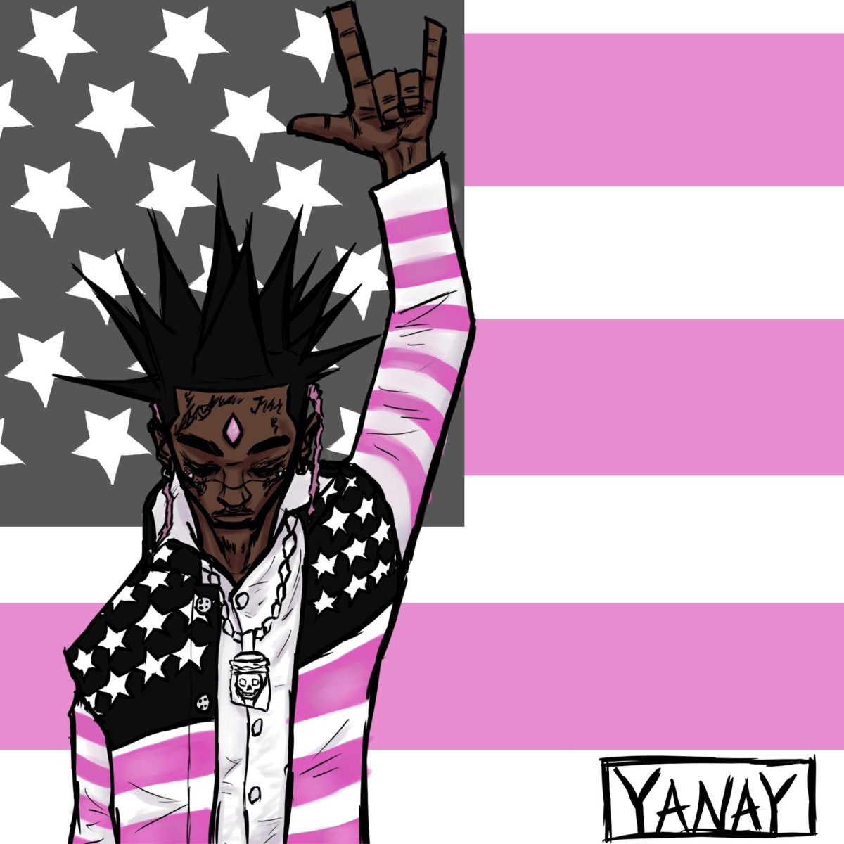 A fan recreation of Lil Uzi Vert's album Pink Tape. The cover features Lil Uzi Vert on the left in front of a pink flag, wearing a similar outfit showing off unique work that isn't seen often. (Courtesy Yanay Levy)