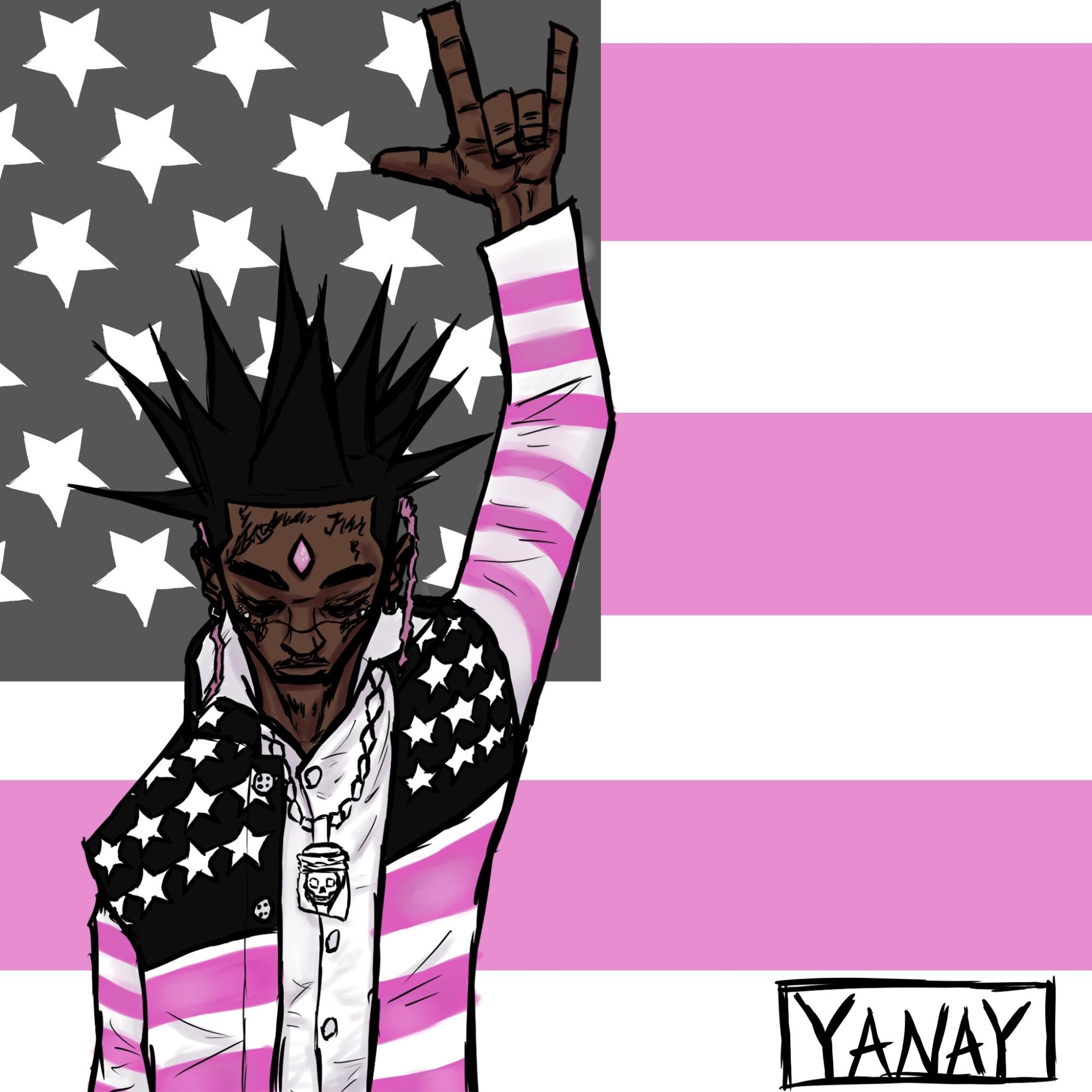 A fan recreation of Lil Uzi Vert's album Pink Tape. The cover features Lil Uzi Vert on the left in front of a pink flag, wearing a similar outfit showing off unique work that isn't seen often. (Courtesy Yanay Levy)