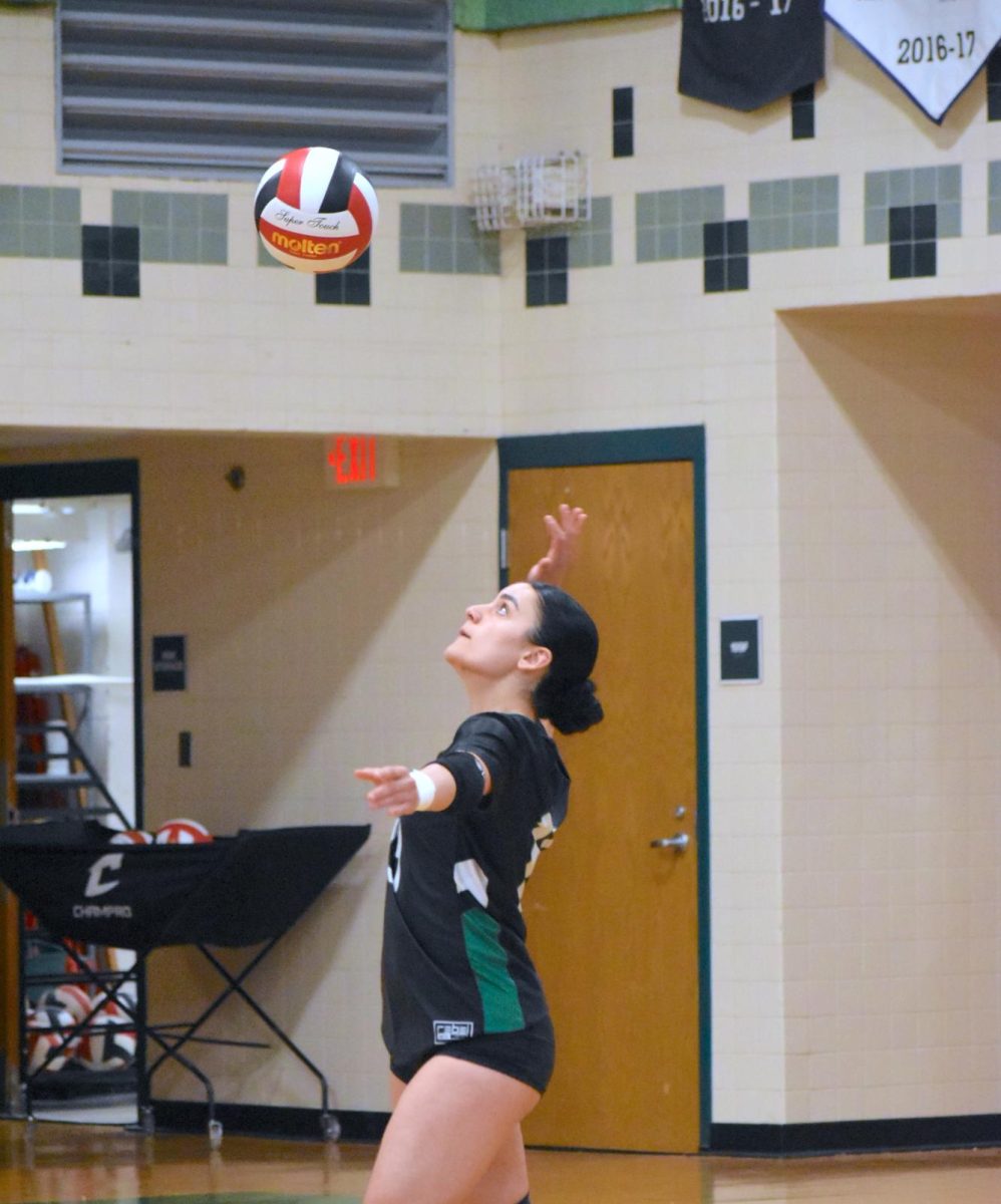 Junior captain Nousha Motamedi serves the ball to the Wootton Patriots. The Cats would go on to defeat the Patriots, earning their first win of the season. (Courtesy Deb Boardley via Lifetouch)